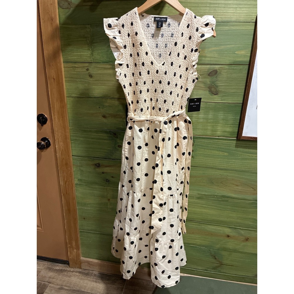 Ruby + Remi Ivory Black Polka Dot Smocked Midi Dress Ruffle Sleeve NWT Small
